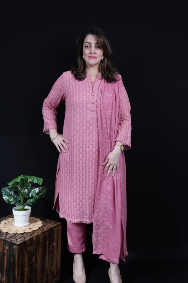 Georgette Pestle Pink Self Embroidered Kurta Set with Crepe Pant - Image 5