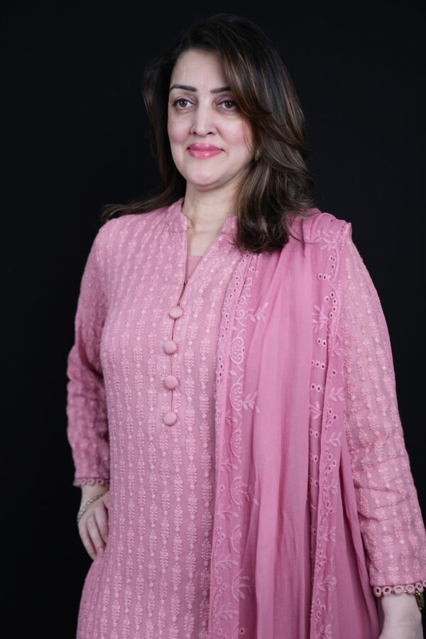 Georgette Pestle Pink Self Embroidered Kurta Set with Crepe Pant - Image 3