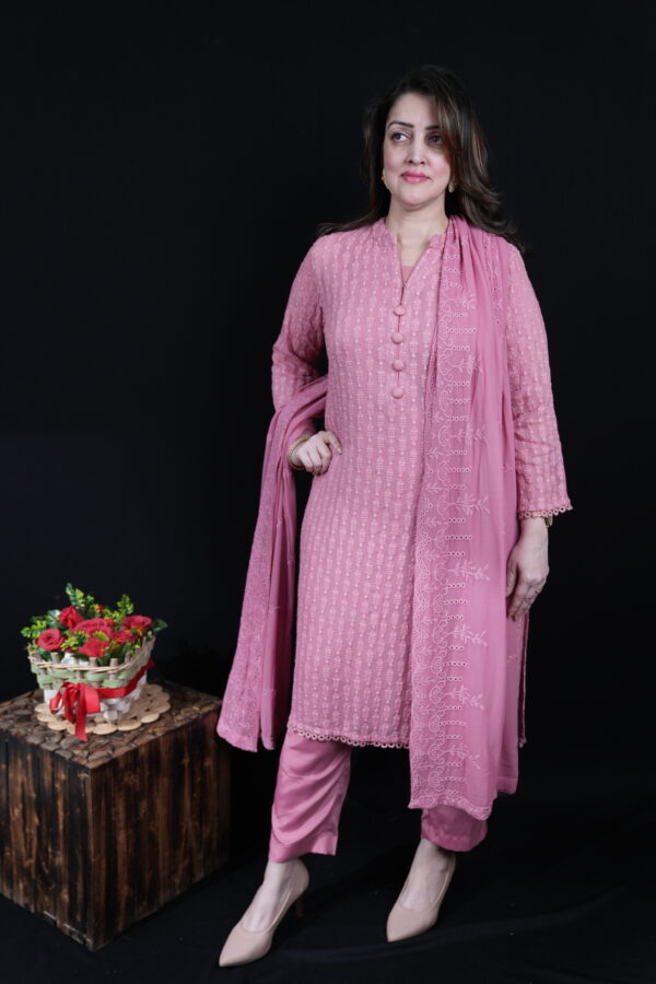 Georgette Pestle Pink Self Embroidered Kurta Set with Crepe Pant - Image 2