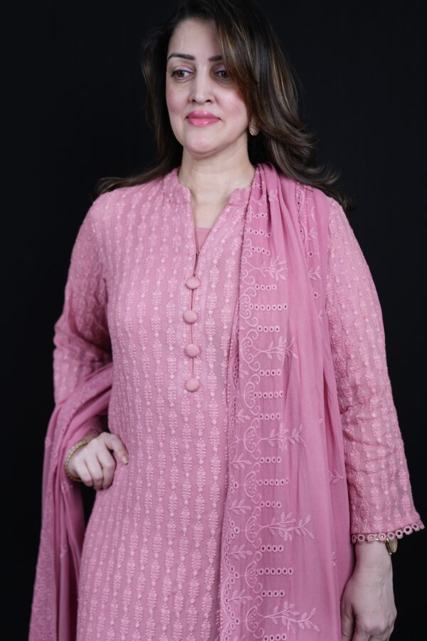 Georgette Pestle Pink Self Embroidered Kurta Set with Crepe Pant - Image 4